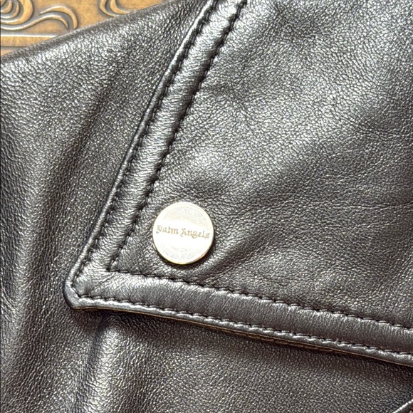 Palm Angels Logo Print Leather Belted Biker Jacket - Picture 10 of 12